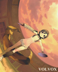 Rule 34 | 1girl, arena, armpits, barefoot, blue eyes, blush, brown hair, buckler, cape, censored, cloud, colosseum, convenient censoring, dagger, dutch angle, feet, fisheye, flat chest, gladiator, hair censor, hair over breasts, kizaki, knife, legs, long hair, original, outdoors, outstretched arms, shield, short shorts, shorts, sky, solo, spread arms, stadium, sunset, sword, topfreedom, topless, twintails, volvox, weapon