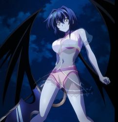 Rule 34 | 10s, 1girl, blue hair, bra, high school dxd, highres, night, panties, solo, stitched, third-party edit, transparent, underwear, wings, xenovia quarta
