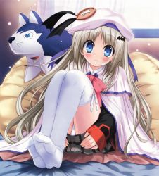 Rule 34 | 1girl, bed, beret, blue eyes, blush, bow, dog, feet, hair ornament, hairclip, hat, large buttons, little busters!, long hair, na-ga, no shoes, non-web source, noumi kudryavka, panties, pantyshot, pillow, pink bow, school uniform, soles, solo, stuffed animal, stuffed toy, thighhighs, underwear, white hair, white panties, window