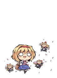 Rule 34 | alice margatroid, apron, basket, black dress, blonde hair, blue dress, blush, boots, bow, capelet, chibi, commentary request, dress, folding fan, frills, full body, hairband, hand fan, hand on own face, holding, holding basket, leaf, long sleeves, nekoguruma, o o, open mouth, paper fan, red bow, red hairband, sash, shanghai doll, short hair, short sleeves, simple background, standing, standing on one leg, touhou