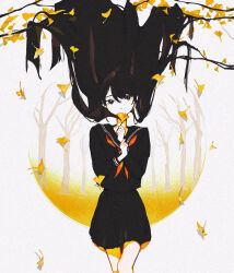 1girl bare_tree black_eyes black_sailor_collar black_serafuku black_shirt black_skirt branch commentary_request covering_own_mouth day feet_out_of_frame ginkgo_tree hair_between_eyes hair_flowing_over highres holding holding_leaf leaf long_hair long_sleeves looking_at_viewer mitsubachi_(roundbee) neckerchief orange_neckerchief original outdoors sailor_collar school_uniform serafuku shirt skirt tree white_background