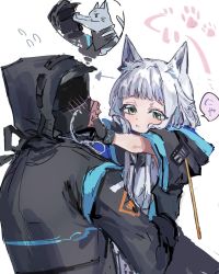 Rule 34 | 1girl, 1other, animal, animal ears, arknights, arrow (symbol), black gloves, black jacket, cat ears, colored eyelashes, commentary request, doctor (arknights), flying sweatdrops, gloves, green eyes, grey hair, highres, hood, hood down, hood up, hooded jacket, jacket, lifting person, long sleeves, na tarapisu153, open clothes, open jacket, parted lips, rosmontis (arknights), short sleeves, simple background, white background