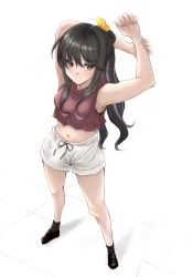 Rule 34 | 1girl, alternate costume, arms behind head, arms up, black footwear, black hair, black socks, brown eyes, colored inner hair, cowboy shot, crop top, from above, hair ribbon, kantai collection, ld (luna dial398), loafers, long hair, midriff, multicolored hair, naganami (kancolle), navel, pink hair, ribbon, shoes, shorts, simple background, socks, solo, two-tone hair, wavy hair, white background, white shorts, yellow ribbon