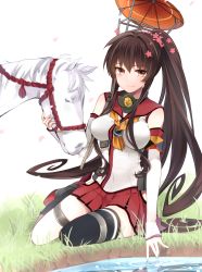Rule 34 | 10s, 1girl, bad id, bad pixiv id, bare shoulders, black thighhighs, breasts, brown eyes, brown hair, detached sleeves, grass, highres, horse, ichinose yukino, jewelry, kantai collection, large breasts, long hair, long sleeves, neck ring, parasol, plant, pleated skirt, ponytail, red skirt, sailor collar, shirt, single thighhigh, sitting, skirt, sleeveless, sleeveless shirt, thigh strap, thighhighs, umbrella, very long hair, white shirt, yamato (kancolle), yokozuwari