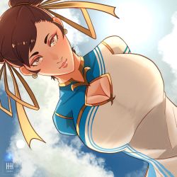 Rule 34 | 1girl, arms behind back, blue dress, blue sky, breasts, brown eyes, brown hair, bun cover, capcom, chest cutout, china dress, chinese clothes, chun-li, cloud, cloudy sky, double bun, dress, dutch angle, earrings, hair bun, hair pulled back, highres, ihsnet, jewelry, large breasts, lips, looking at viewer, outdoors, sky, solo, street fighter, street fighter 6, two-tone dress, upper body, white dress