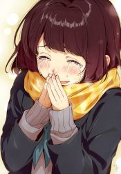 Rule 34 | 1girl, aqua neckerchief, blush, brown hair, coat, commentary request, crying, crying with eyes open, fingers together, kawai makoto, long sleeves, neckerchief, nose blush, original, plaid, plaid scarf, scarf, signature, solo, streaming tears, sweater, tears, upper body, yellow scarf