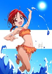 Rule 34 | 1girl, bad id, bad pixiv id, bikini, flat chest, highres, hino akane (smile precure!), looking at viewer, low ponytail, nii manabu, open mouth, orange bikini, ponytail, precure, red eyes, red hair, smile, smile precure!, solo, sun, swimsuit, wading, water