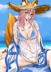 Rule 34 | 1girl, :o, animal ears, artist request, bikini, blue bikini, blush, breasts, brown eyes, ears through headwear, fate/grand order, fate (series), hat, large breasts, long hair, looking at viewer, looking to the side, pink hair, see-through, shirt, sitting, sketch, solo, spread legs, straw hat, swimsuit, tail, tamamo (fate), tamamo no mae (fate/extra), tamamo no mae (swimsuit lancer) (fate), tamamo no mae (swimsuit lancer) (second ascension) (fate), wet, wet clothes, wet shirt