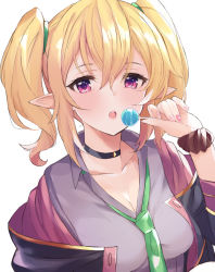 Rule 34 | 1girl, :o, black jacket, blonde hair, breasts, candy, chloe (princess connect!), choker, cleavage, collarbone, collared shirt, food, grey shirt, holding, holding candy, holding food, holding lollipop, jacket, lollipop, long hair, looking at viewer, medium breasts, nail polish, necktie, open clothes, open jacket, pink eyes, pointy ears, princess connect!, princess connect!, scrunchie, shirt, sidelocks, simple background, solo, tetsujin momoko, twintails, upper body, white background, wrist scrunchie