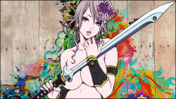 Rule 34 | 1girl, censored, convenient censoring, covering privates, covering breasts, flower, grey eyes, grey hair, hair flower, hair ornament, highres, lipstick, long hair, looking at viewer, makeup, no bra, nude, painting (action), snyp, solo, sword, tagme, wallpaper, weapon, yamashita shun&#039;ya
