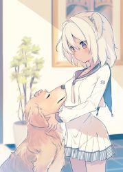 Rule 34 | 1girl, animal, blurry, blurry background, blush, breasts, closed eyes, closed mouth, commentary request, cona kinaco, dark-skinned female, dark skin, depth of field, dog, dress, hair between eyes, hair intakes, hair ornament, highres, indoors, long hair, long sleeves, original, petting, plant, pleated dress, potted plant, red eyes, shirt, skirt, small breasts, solo, tile floor, tiles, two side up, white hair, white shirt, white skirt
