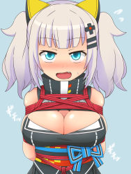 Rule 34 | 1girl, arms behind back, bad id, bad pixiv id, bdsm, blue background, blue eyes, blush, bondage, bound, breasts, breasts squeezed together, cleavage, cleavage cutout, clothing cutout, fang, half-closed eyes, honehone, kaguya luna, large breasts, looking at viewer, open mouth, restrained, rope, silver hair, simple background, solo, the moon studio, twintails, upper body, virtual youtuber