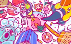 Rule 34 | 1girl, bandana, blush stickers, bow, bowtie, broom, broom hatter, bubble head (kirby), camera, carrot, crayon, doughnut, dustcloth, closed eyes, flying sweatdrops, food, green hair, gryll (kirby), hat, inhaling, jitome, kirby, kirby (series), maxim tomato, microphone, nintendo, official art, simple background, waddle dee, white background, witch hat