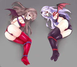 Rule 34 | 2girls, arms behind back, bdsm, blush, bondage, bound, breast bondage, character request, crotch rope, demon wings, dodomeki, female focus, gag, highres, multiple girls, pointy ears, source request, wings