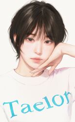 Rule 34 | 1girl, absurdres, androgynous, black hair, clothes writing, grey eyes, hand on own cheek, hand on own face, highres, k-pop, light smile, looking at viewer, nagamerin, portrait, real life, realistic, red velvet (group), shirt, short hair, simple background, solo, t-shirt, wendy (red velvet), white background, white shirt