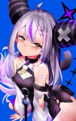Rule 34 | 1girl, ahoge, bad id, bad twitter id, bandaid, bare shoulders, blush, braid, braided bangs, demon girl, demon horns, highres, hololive, horns, la+ darknesss, long hair, looking at viewer, multicolored hair, pointy ears, pout, purple hair, rapapa, silver hair, simple background, solo, striped horns, tail, teeth, thighs, torn clothes, virtual youtuber, yellow eyes