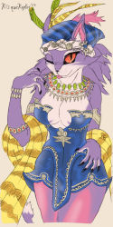 Rule 34 | 1girl, alternate form, animal ears, armlet, bracelet, breasts, cat ears, cat girl, cat tail, claws, cleavage, colored sclera, dress, earrings, fangs, feathers, furry, highres, isabella (seiken densetsu 3), jewelry, necklace, purple fur, purple hair, red sclera, seiken densetsu, seiken densetsu 3, sketch, slit pupils, tail, tongue, tongue out, turban