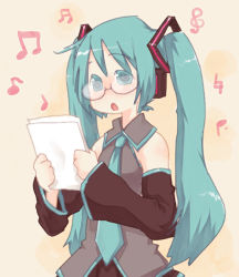 Rule 34 | 00s, 1girl, @ @, beamed quavers, bespectacled, blue eyes, blue hair, detached sleeves, glasses, hatsune miku, hinata (artist), holding, holding paper, long hair, magamoto, matching hair/eyes, musical note, necktie, notes, paper, quaver, solo, standing, treble clef, twintails, vocaloid, yellow background