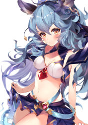Rule 34 | 1girl, 40 (0f0urw), absurdres, animal ears, bikini, bikini top only, black ribbon, blue flower, blue hair, blue skirt, blush, bracelet, breasts, cleavage, closed mouth, collarbone, cowboy shot, curly hair, ferry (granblue fantasy), ferry (summer) (granblue fantasy), flower, granblue fantasy, hair between eyes, hair flower, hair ornament, hair ribbon, highres, jewelry, long hair, looking at viewer, medium breasts, miniskirt, navel, pleated skirt, ribbon, side slit, simple background, skirt, skirt hold, solo, swimsuit, very long hair, white background, white bikini, yellow eyes