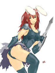 Rule 34 | 1girl, :|, animal ears, armor, breasts, cape, closed mouth, covered erect nipples, dagger, grey eyes, holding, holding dagger, holding knife, holding weapon, jamadhar, kanda (ura-kanda), knife, long hair, medium breasts, one-piece swimsuit, pauldrons, rabbit ears, ragnarok online, red hair, shoulder armor, simple background, skirt, solo, swimsuit, thighhighs, torn cape, torn clothes, waist cape, weapon, white background
