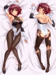Rule 34 | 1girl, azur lane, back, black footwear, blush, breasts, brown hair, brown pantyhose, cleavage cutout, clothing cutout, commission, cosplay, dakimakura (medium), elbow gloves, fingerless gloves, full body, gloves, gradient hair, highres, kantai collection, leotard, looking at viewer, looking back, lying, multicolored hair, mutsuki (kancolle), on back, pantyhose, race queen, red hair, shoes, short hair, small breasts, solo, takao (azur lane), takao (azur lane) (cosplay), takao (full throttle charmer) (azur lane), tarou (user tpmh7442), torn clothes, torn pantyhose