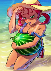 Rule 34 | 1girl, beach, breast press, breasts, cleavage, day, deliciousorange, food, freckles, fruit, green eyes, hat, hot, kneeling, naked overalls, ocean, open mouth, overalls, red hair, sand, shaded face, shoes, short twintails, sideboob, sneakers, solo, strap slip, sun hat, sweat, tan, tanline, tentacle bento, twintails, watermelon