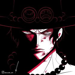 Rule 34 | 1boy, aboude art, artist name, bead necklace, beads, black hair, closed mouth, cowboy hat, hat, highres, injury, instagram logo, instagram username, jewelry, limited palette, looking at viewer, male focus, necklace, one piece, portgas d. ace, short hair, signature, solo