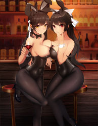 Rule 34 | 1163186334, 2girls, absurdres, alternate eye color, animal ears, asymmetrical docking, atago (azur lane), azur lane, black footwear, black hair, black legwear, blush, bow, breast press, breasts, brown eyes, closed mouth, covered navel, cup, detached collar, extra ears, fake animal ears, hair bow, hair flaps, hair ribbon, high heels, highres, holding, holding cup, large breasts, leotard, long hair, looking at viewer, mole, mole under eye, multiple girls, pantyhose, playboy bunny, ponytail, rabbit ears, red eyes, ribbon, sitting, smile, swept bangs, takao (azur lane), thighs, very long hair, white bow, white ribbon, wrist cuffs