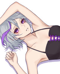 Rule 34 | 1girl, alternate costume, aqua hair, bare shoulders, black tank top, breasts, collarbone, contender (girls&#039; frontline), danxing aipangzi, girls&#039; frontline, highres, looking at viewer, lying, multicolored hair, on back, open mouth, purple eyes, short hair, small breasts, solo, streaked hair, tank top, upper body, white background