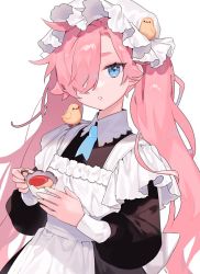 Rule 34 | 1girl, animal, animal on head, animal on shoulder, apron, bird, black dress, blue eyes, chick, commentary, cup, dress, frilled apron, frills, hair over one eye, hat, holding, holding cup, long hair, long sleeves, looking at viewer, mob cap, on head, original, parted lips, pink hair, saku nosuke, simple background, suzette (sa9no), symbol-only commentary, twintails, upper body, very long hair, white apron, white background, white headwear