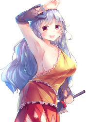 Rule 34 | 1girl, :d, absurdres, arm above head, arm up, arm warmers, armpits, blush, breasts, brown eyes, collarbone, commentary request, cowboy shot, dress, highres, holding, holding knife, kanzakietc, knife, large breasts, long hair, looking at viewer, machete, open mouth, orange dress, sakata nemuno, sideboob, silver hair, simple background, smile, solo, standing, touhou, very long hair, white background