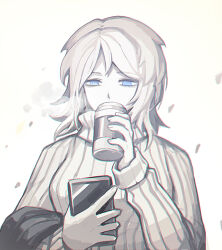 Rule 34 | 1girl, cellphone, cup, disposable cup, faust (project moon), flaw eight, holding, holding cup, holding phone, limbus company, phone, project moon, ribbed sweater, simple background, smartphone, solo, steam, sweater, upper body, white background