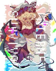 Rule 34 | 1girl, absurdres, adapted costume, apron, blonde hair, borrowed design, cellphone, crystal, english text, fangs, flandre scarlet, hat, highres, internet survivor, kneehighs, midriff, mob cap, navel, one side up, phone, red eyes, red shirt, shirt, short hair, short sleeves, smartphone, smile, socks, sokura (mochichitose), solo, touhou, white apron, white hat