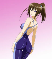 Rule 34 | 1girl, ass, bare shoulders, brown hair, female focus, gradient background, highres, kikaijima mogana, medaka box, ponytail, screencap, solo, stitched, swimsuit, third-party edit
