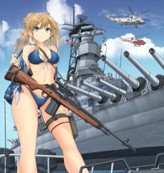 Rule 34 | 1girl, absurdres, aircraft, american flag, battle rifle, battleship, bikini, blonde hair, blue bikini, blue eyes, blue jacket, blue sky, breasts, camouflage, camouflage jacket, carrying, closed mouth, cloud, cloudy sky, day, folded ponytail, front-tie bikini top, front-tie top, gun, gun sling, hand on own thigh, helicopter, highres, jacket, light frown, m14, medium breasts, medium hair, mikeran (mikelan), military, military vehicle, motion blur, multi-strapped bikini, navel, ocean, off shoulder, open clothes, open jacket, original, outdoors, pouch, rifle, scope, ship, side-tie bikini bottom, sky, smoke, solo, swimsuit, thigh pouch, thigh strap, uh-1 iroquois, united states navy, vehicle request, warship, watercraft, weapon