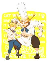 Rule 34 | 2boys, aged down, amputee, apron, blonde hair, chef hat, facial hair, hat, multiple boys, mustache, one piece, peg leg, red-leg zeff, sanji (one piece), travessinglethe
