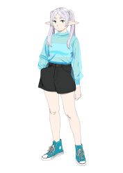 Rule 34 | 1girl, alternate costume, black shorts, blue footwear, blue shirt, contemporary, elf, frieren, full body, green eyes, hand in pocket, long hair, looking at viewer, ojipon, pointy ears, see-through, see-through shirt, shirt, shoes, shorts, simple background, sneakers, solo, sousou no frieren, twintails, white background, white hair