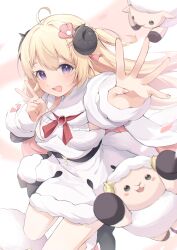 Rule 34 | 1girl, absurdres, ahoge, black horns, blonde hair, breasts, commentary request, dress, eat some cookie, hair ornament, highres, hololive, horns, large breasts, long hair, long sleeves, looking at viewer, open mouth, purple eyes, reaching, reaching towards viewer, sheep, sheep horns, solo, tsunomaki watame, v, virtual youtuber, white dress
