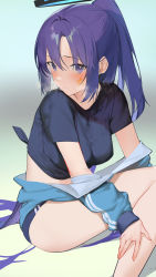 Rule 34 | 1girl, black shirt, blue archive, blue buruma, blush, breasts, buruma, halo, high ponytail, highres, jacket, jacket partially removed, long hair, long sleeves, looking at viewer, medium breasts, midriff, multicolored clothes, multicolored jacket, nuda, official alternate costume, ponytail, purple eyes, purple hair, shirt, short sleeves, sitting, solo, sportswear, star sticker, sticker on face, tied shirt, track jacket, two-tone jacket, yuuka (blue archive), yuuka (track) (blue archive)