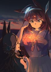 Rule 34 | 2girls, absurdres, animal ears, black hair, blue eyes, blue headwear, blue shirt, bow, bowtie, brown hair, closed mouth, cloud, cloudy sky, commentary request, ear ornament, fireworks, grey hairband, hair ornament, hairband, hat, highres, holding fireworks, horizon, horse ears, horse girl, light frown, long hair, looking at another, mihono bourbon (umamusume), multiple girls, night, open mouth, outdoors, partial commentary, pleated skirt, qralto, rice shower (umamusume), school uniform, serafuku, shirt, skirt, sky, smile, sparkler, standing, sweatdrop, tilted headwear, tracen school uniform, umamusume