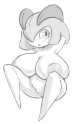 Rule 34 | 1girl, armpits, arms up, blush, breasts, creatures (company), female focus, full body, game freak, gen 3 pokemon, greyscale, huge breasts, kirlia, looking to the side, monochrome, navel, nintendo, nipples, no humans, nude, open mouth, pokemon, pokemon (creature), pokemon rse, pussy, short hair, shortstack, simple background, sitting, sketch, solo, somnamg, spread legs, uncensored, white background