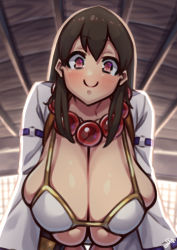 Rule 34 | absurdres, bead necklace, beads, bikini, breasts, brown hair, cleavage, collarbone, fate/grand order, fate (series), hair between eyes, hanging breasts, highres, indoors, japanese clothes, jewelry, kimono, large breasts, leaning forward, long hair, long sleeves, looking at viewer, necklace, nikuatsu magician shinbo, prayer beads, purple eyes, smile, solo, swimsuit, white bikini, white kimono, xuangzang sanzang (fate)