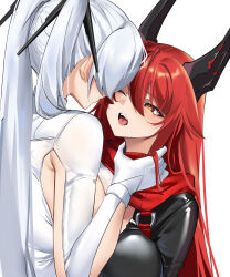 Rule 34 | 2girls, ;o, brown eyes, character request, commentary request, gloves, goddess of victory: nikke, highres, long hair, multiple girls, one eye closed, open mouth, pinepin, ponytail, red hair, red hood (nikke), upper body, very long hair, white background, white gloves, white hair, yuri