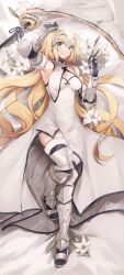 Rule 34 | 1girl, absurdres, arm up, armor, blonde hair, blush, breasts, cleavage, dress, fate/apocrypha, fate/grand order, fate (series), flag, floral background, flower, full body, gauntlets, hair between eyes, headpiece, highres, jeanne d&#039;arc (fate), jeanne d&#039;arc (ruler) (fate), jeanne d&#039;arc (third ascension) (fate), large breasts, lily (flower), long hair, looking at viewer, lying, no-kan, on back, revealing clothes, smile, solo, thighs, very long hair