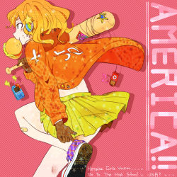 Rule 34 | 1girl, adjusting clothes, adjusting shoe, america (hetalia), axis powers hetalia, baseball bat, blonde hair, blue eyes, blush, bomber jacket, buttons, cellphone, digital media player, english text, engrish text, food, food in mouth, fur trim, genderswap, genderswap (mtf), gloves, hair ornament, hairclip, burger, ipod, jacket, metoro083, miniskirt, mouth hold, musical note, phone, pleated skirt, ranguage, shadow, shoes, skirt, sneakers, solo, standing, standing on one leg, star (symbol), sticker, striped, striped background, wavy hair