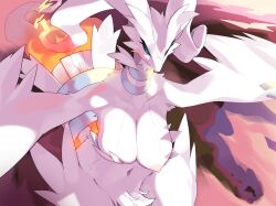 Rule 34 | 1girl, blue eyes, breasts, creatures (company), furry, furry female, game freak, gen 5 pokemon, highres, kame (3t), large breasts, legendary pokemon, nintendo, nipple slip, nipples, pokemon, pokemon (creature), reshiram, solo, tail