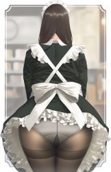 Rule 34 | 1girl, apron, ass, black pantyhose, brown hair, commentary request, cowboy shot, facing away, frills, from behind, highres, legs together, long hair, maid, maid apron, maid headdress, original, outside border, panties, panties under pantyhose, pantyhose, petticoat, ryokucha michi, solo, thighs, underwear, wide hips