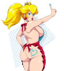 Rule 34 | 1girl, apron, ass, blonde hair, blue eyes, breasts, hand on own hip, highres, huge ass, index finger raised, large breasts, legs, looking at viewer, looking back, mario (series), nail polish, naked apron, nintendo, parted lips, ponytail, princess, princess peach, red lips, scitty titty, sidelocks, smile, solo, super mario bros. 1, thick thighs, thighs