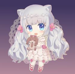 Rule 34 | 1girl, animal, animal ear fluff, blue eyes, blunt bangs, blush, chibi, closed eyes, commentary request, copyright request, dog, dress, fang, flower, full body, hair flower, hair ornament, highres, holding, holding animal, long hair, open mouth, pink flower, puffy short sleeves, puffy sleeves, red footwear, shoes, short sleeves, silver hair, solo, standing, tsukimiya yuuko, twintails, very long hair, virtual youtuber, white dress