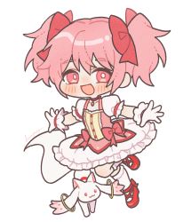 Rule 34 | 1girl, :d, ankle ribbon, black outline, buttons, chibi, choker, collarbone, creature, cross-laced footwear, feet up, flat chest, frilled skirt, frilled sleeves, frills, full body, gloves, hair between eyes, hair ribbon, happy, hn (artist), kaname madoka, kyubey, leg ribbon, light blush, looking at viewer, mahou shoujo madoka magica, mahou shoujo madoka magica (anime), no nose, open mouth, outline, outstretched arms, pink eyes, pink hair, pink ribbon, puffy short sleeves, puffy sleeves, red choker, red footwear, ribbon, shoes, short sleeves, signature, simple background, skirt, smile, socks, solo, soul gem, tareme, twintails, white background, white gloves, white skirt, white socks